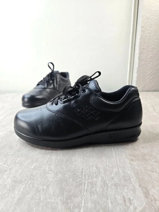 SAS Comfort Walking Sneakers Size 7.5 Wide Fit Black Leather Lace Up Work Shoes