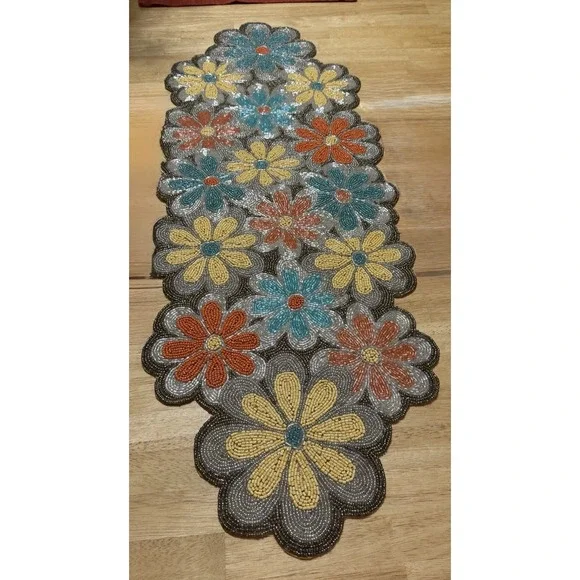 World Traveler India Hand Beaded Table Runner 13x36 Floral Boho Retro