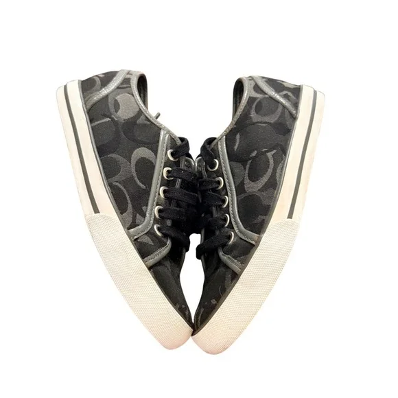 Coach Signature‎ C Monogram Low Top Sneakers Black Grey Canvas Women Size 5 logo