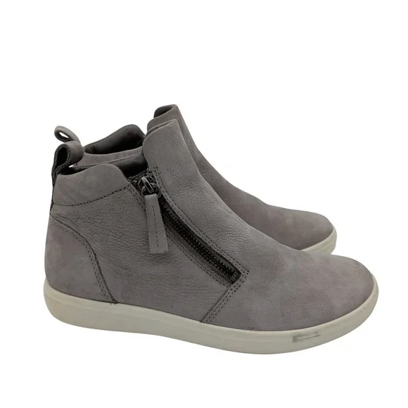 ECCO Soft 7 Tred Zip Grey‎ Leather High Top Sneakers Womens 6-6.5 Comfort Casual