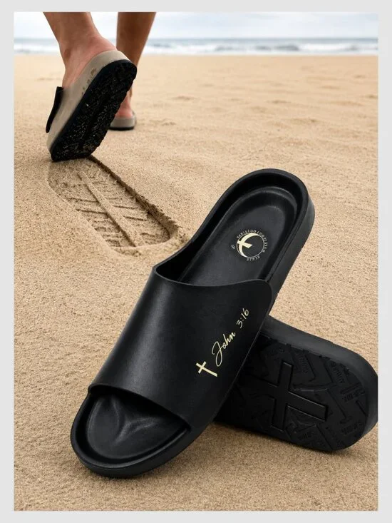 Walk In His Footsteps Revival Slides Black Cross Sole Sandals Size 12