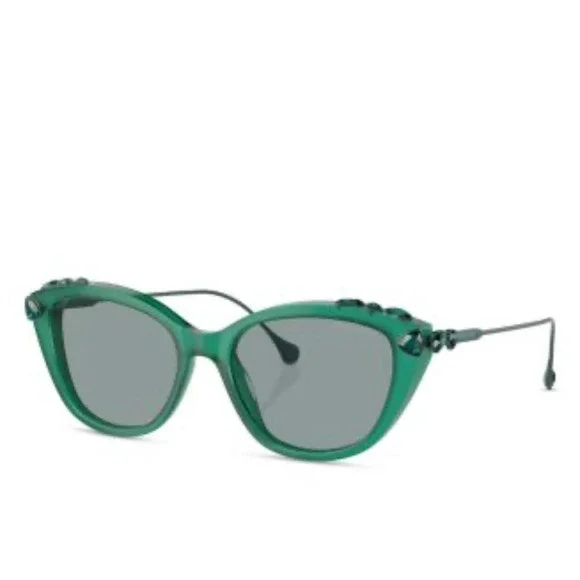 Swarovski Cat Eye Sunglasses Green Crystal‎ Embellished Frame Authentic Luxury