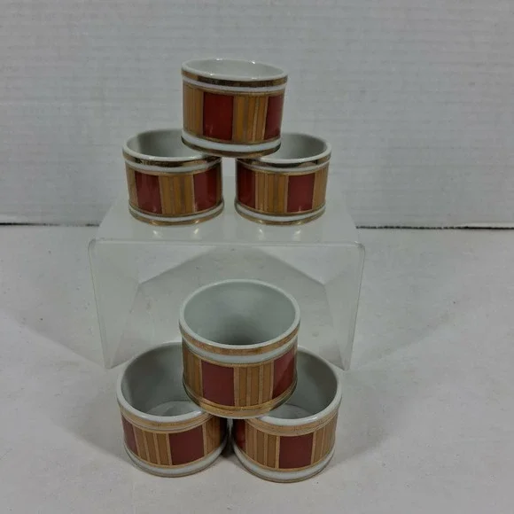 Vintage‎ Geometric Ceramic Napkin Rings Set of 6 Red Tan Gold Trim Mid Century