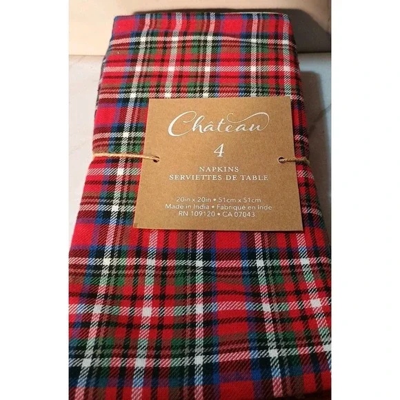 Chateau Set Of 4 Cotton Red Christmas Plaid Napkins Farmhouse Size 20