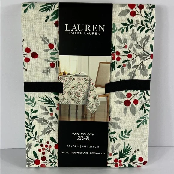 Ralph Lauren Tablecloth Holiday Berry Red Green Ivory Christmas Floral 60x84 NEW