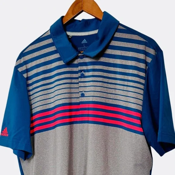 Adidas Golf Polo Shirt Mens Large Blue Gray Striped Climalite Performance Pink