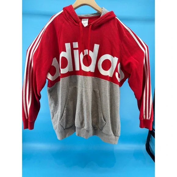Adidas Mens Colorblock Pullover Hoodie Red Grey 3-Stripe Logo Sweatshirt 2XL