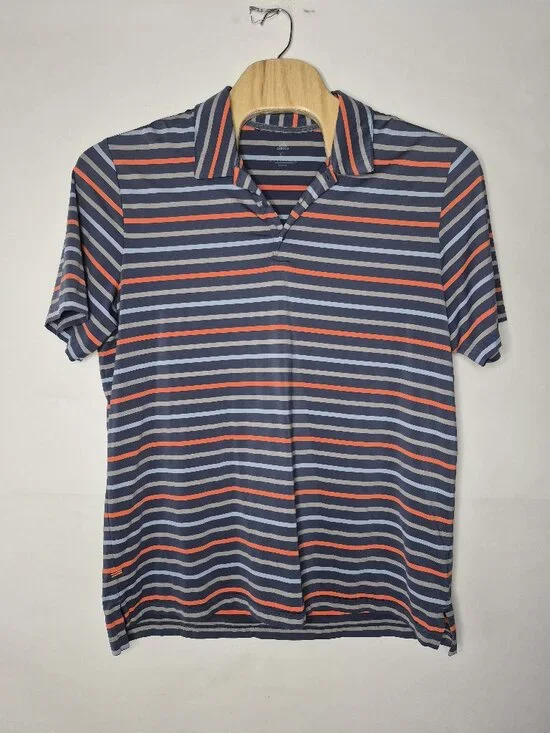 Adidas Mens XL Short Sleeve Stretchy Striped Logo Polo Shirt Blue Gray Orange
