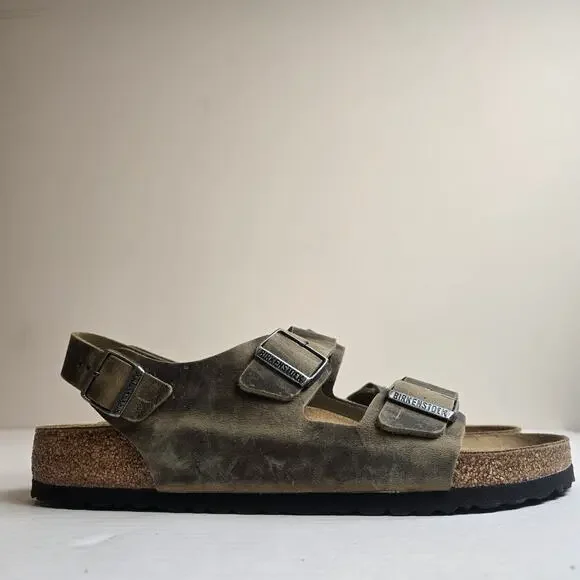Birkenstock Milano BS Sandals Size M13/46 Faded Khaki Oiled Leather Regular Fit