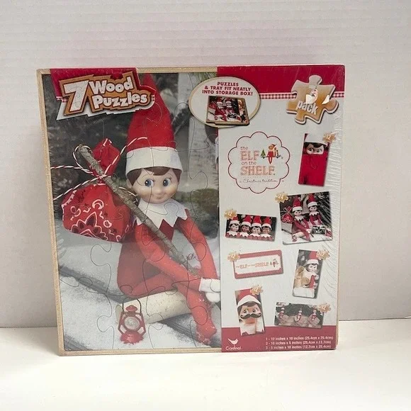 Elf on the Shelf 7 Wood Puzzles in Storage Box Christmas Cardinal 89094 NEW