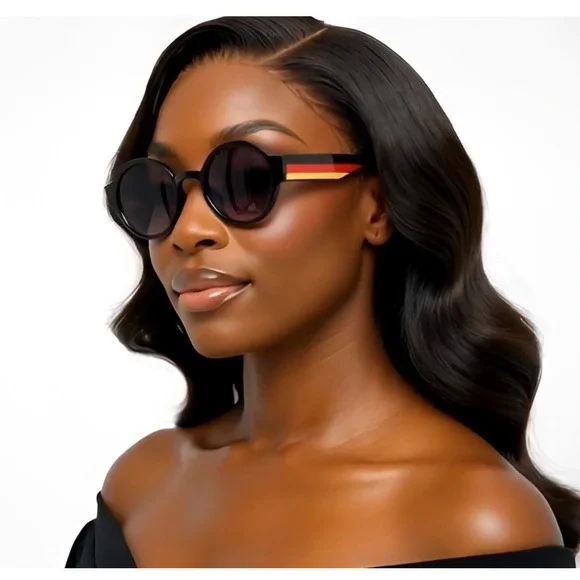 Round Oversized Sunglasses Women's Fashion‎ Black Frame Red Stripe UV400 Protect