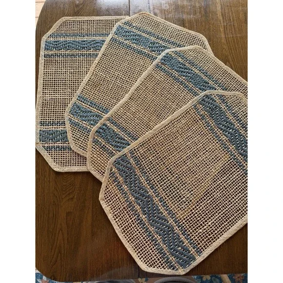 Vintage Abaca Fiber Placemats Set of 4 Navy Blue Natural Zigzag Stripe Boho MCM