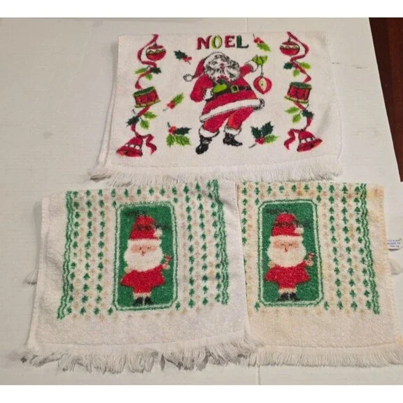 Vintage Santa Claus Christmas Hand Tea Dish Towels Set of 3 White *FLAWS
