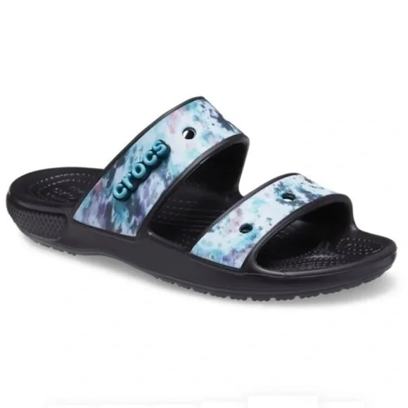 Crocs Classic Slip On Tie Dye Graphic Pool Sandals Slide Black Multi Mens 12 NWT