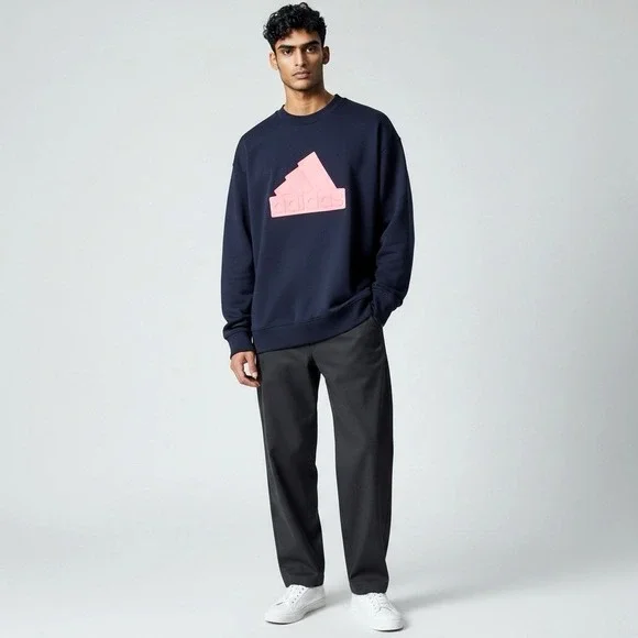 Adidas Future Icons Badge of Sport Mens Crewneck Sweatshirt Size L Ink Blue Pink