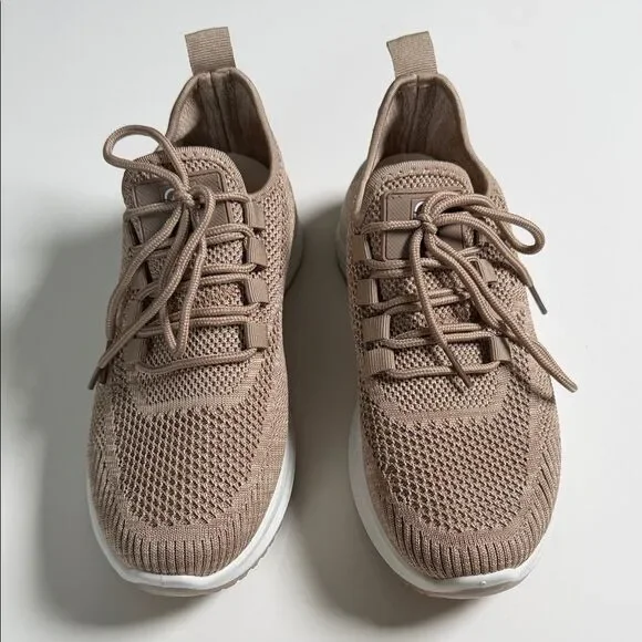 Neutral Knit Lace-Up Sneakers in Taupe