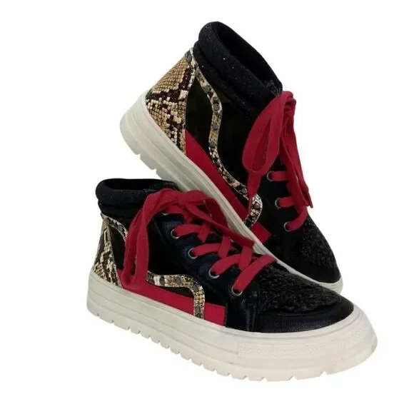 Jessica Simpson Womens Designer Pre-owned Red/Blk Snakeskin HiTop Sneakers-sz. 7