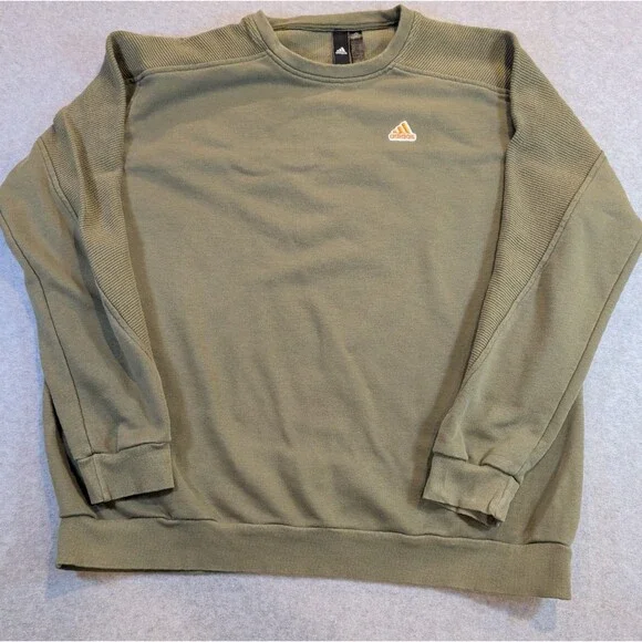 Adidas Crewneck Mens Large Olive Green Sweatshirt Ribbed Shoulder Orange Logo