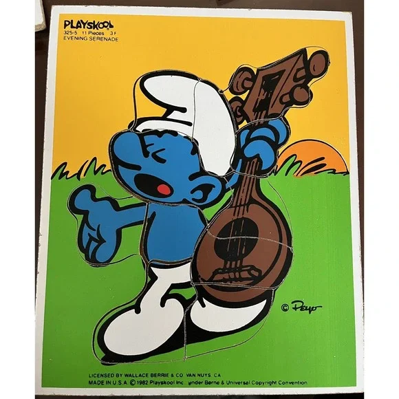 VTG Playskool Smurf Evening Serenade Wooden Jigsaw Puzzle 325-5 Smurfs 11 Piece