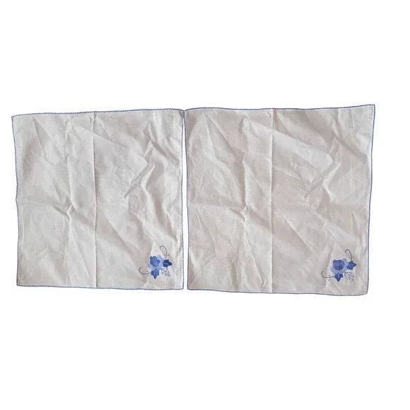 Vintage White Linen Napkins Blue Floral Handmade Square‎ Set of 2 15.5x15.5