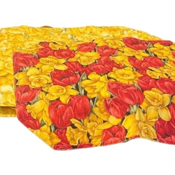 SET Of 12 Reversible Quality Red & Yellow Floral Octagon Spring Placemats 17x13”