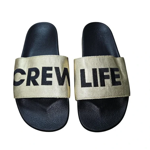Crew Life Sandals Men 8 Women 10 Black Gold Metallic Slide Pool Slip On Beachy