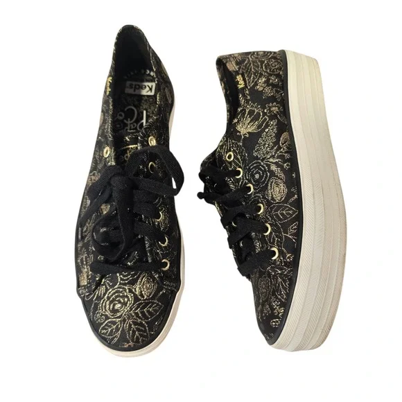 Keds Rifle Paper Co Floral Platform Sneakers‎ Black Gold Women's Size 6.5