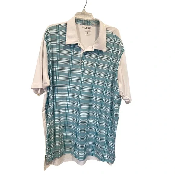 Adidas ClimaCool Mens 2XL Golf Tennis Polo Shirt Teal‎ White Plaid Mesh