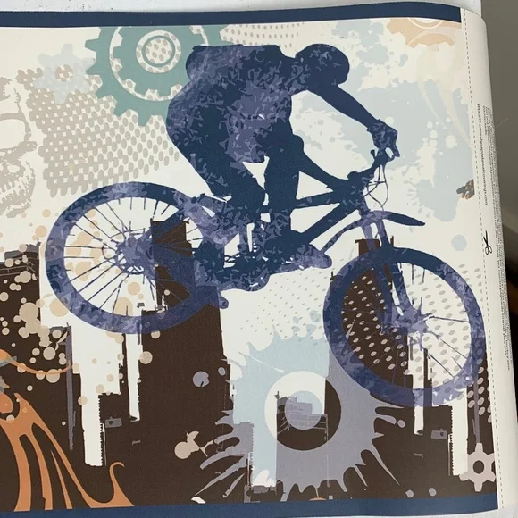 New Easy Walls Boys Room Border 5 yds Bikes Skateboards Blue Orange Figures