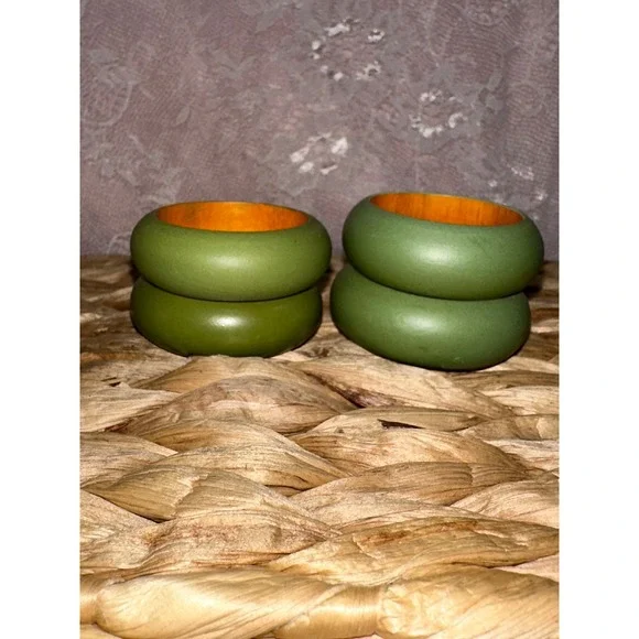 Vintage Olive Green Wooden Napkin Rings‎ Set of 4 Chunky Round Farmhouse Decor