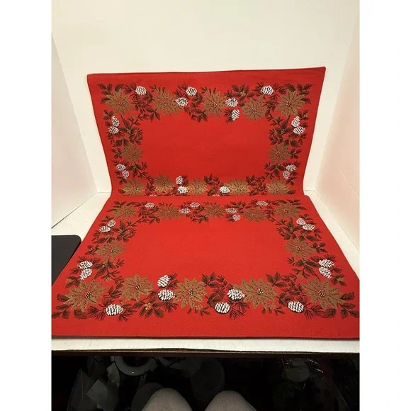 Fallani & Cohn Poinsettia & Pine Christmas Cloth Placemats Reversible VTG Set 4‎