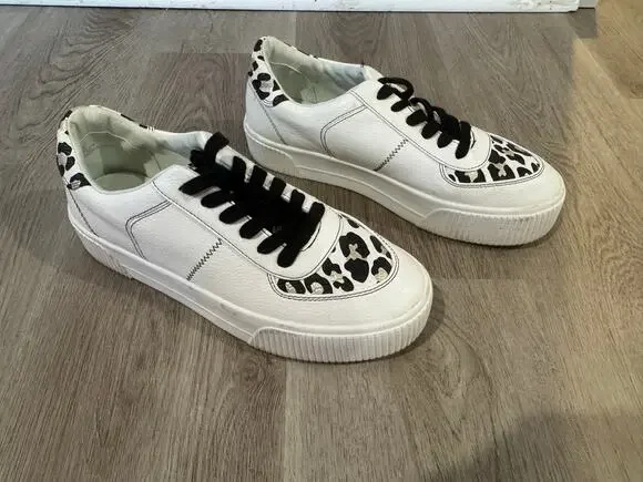 Mix No 6. Women's Platform Sneakers in White with Leopard Print Accents Size 9