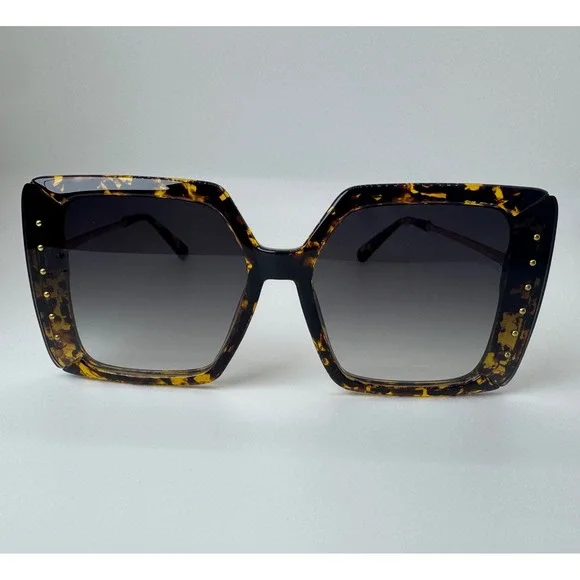 Oversized Square Tortoiseshell Sunglasses Gold Stud Crystal Medallion UV400