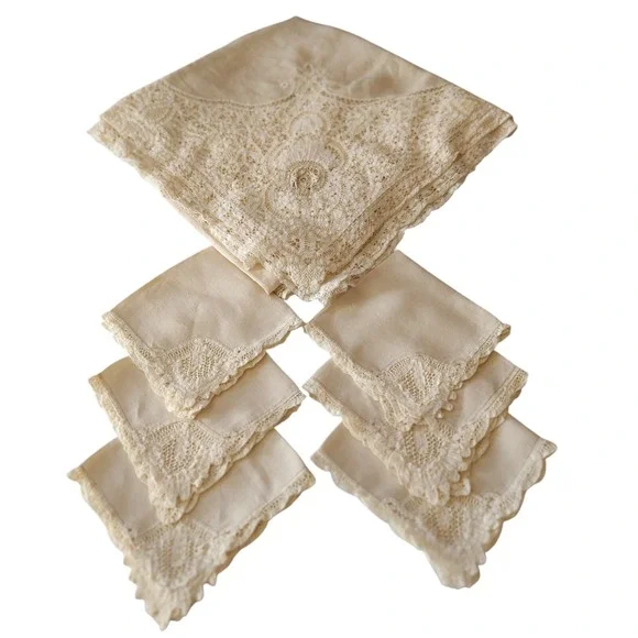Vintage Irish Battenberg Lace Tablecloth and Six Napkins Set Cotton 56x59 Inches