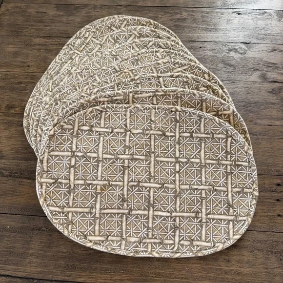 Set of 9 Quilted Oval Placemats Bamboo Lattice Cane Print Tan‎ Coastal Decor