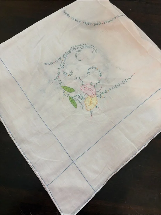 Hand-Embroidered White cotton Tablecloth with Pastel Flowers