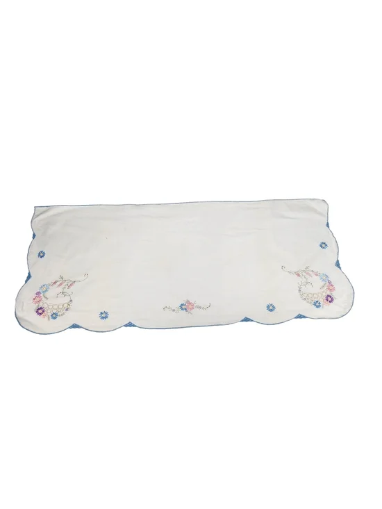 Vintage Hand Embroidered Linen Table Runner Dresser Scalloped Edge Blue Pink
