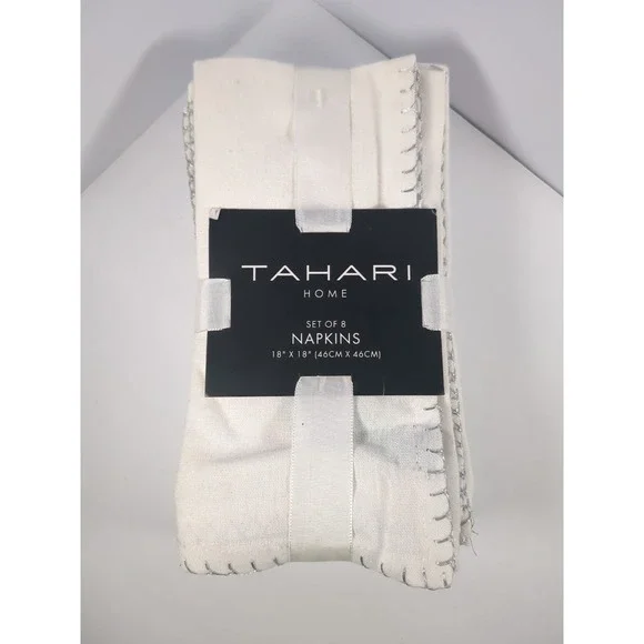TAHARI Set of 8 Off White Cloth NAPKINS with Silver Trim Stitching 18