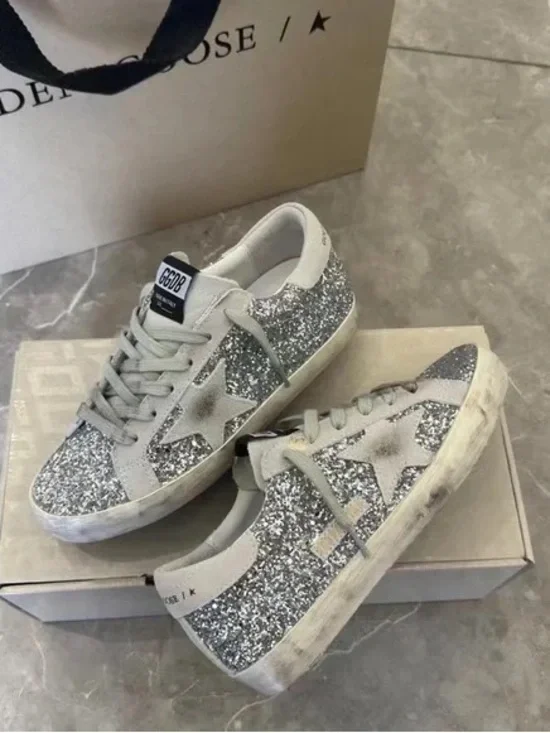 Golden Goose Silver Glitter Low-Top Sneakers with Star Accent