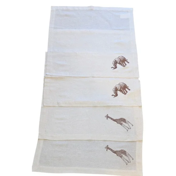 Vintage Embroidered Linen Safari Napkins Elephant Giraffe Set of 4 Cream Brown