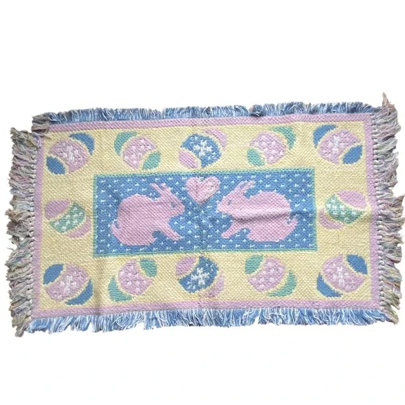 Vintage Easter Bunny Woven Tapestry Rug Tablecloth‎ Pastel Pink Blue Fringed Mat