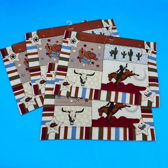 Home Studio Canyon Ranch‎ Western Placemats Set of 4 Cotton Cowboy Patchwork NWT