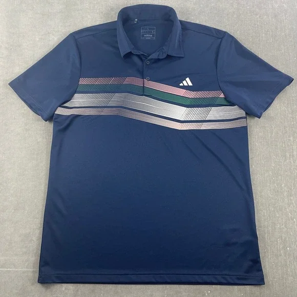 Adidas Mens Large Navy Blue Polo Shirt Geometric Chest Stripe Performance