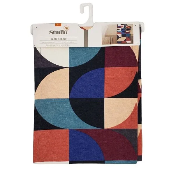 3B Studio Colorblock Geometric Table Runner 14x90‎ Mid Century Modern Retro NEW