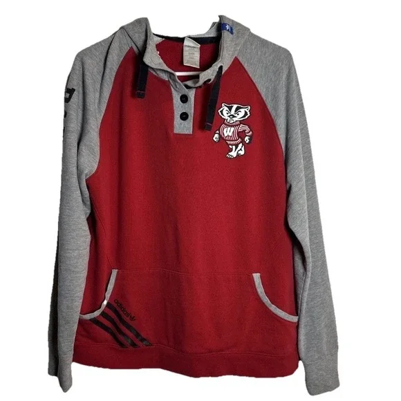 Adidas Wisconsin Badgers Hoodie L Button Neck Pullover‎ Bucky Logo Red Gray