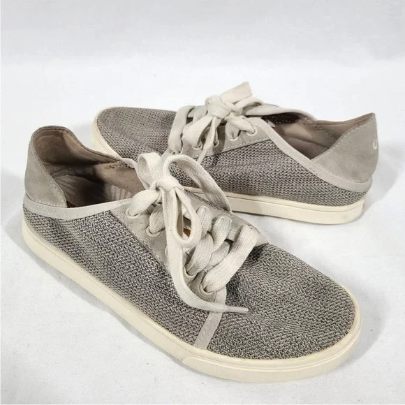Olukai Pehuea Li Shoes‎ Women 8.5 Gray Knit Comfort Slip On Lace Up Low Sneakers