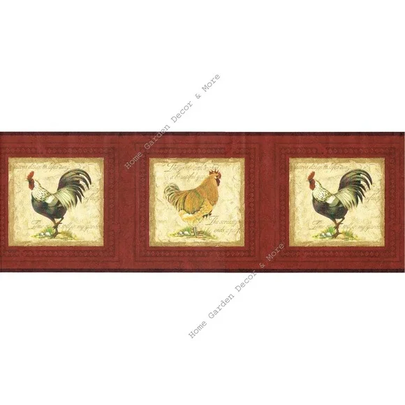 Tuscan Brick Red Rooster Hen Chicken Frame Beige Script Wallpaper Border Lot 3