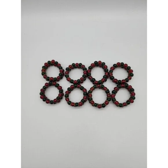 Kemp & Beatly set of 8 Christmas Red & Green Glass Beaded Napkin Ring Holders