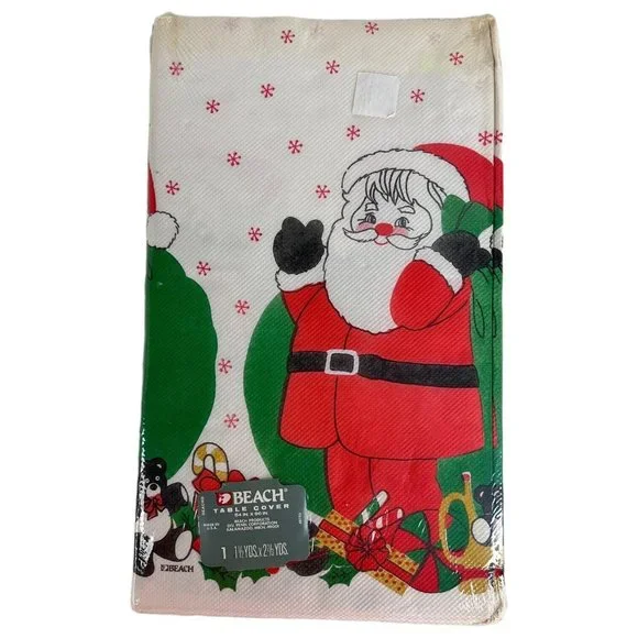Vintage Christmas Table Cover Beach Santa Claus Toy Tablecloth Paper New 54”x96”