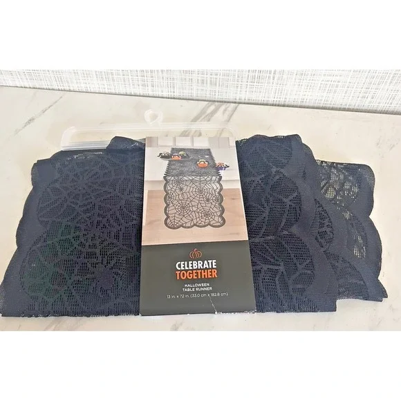 Celebrate Together Halloween Table Runner Black Lace Spider & Webs NEW 72
